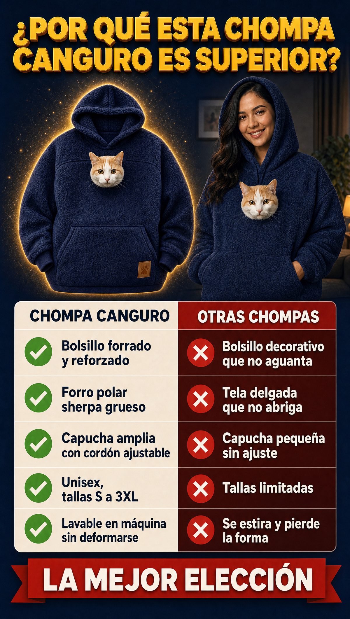 Chompa canguro - tabla comparativa