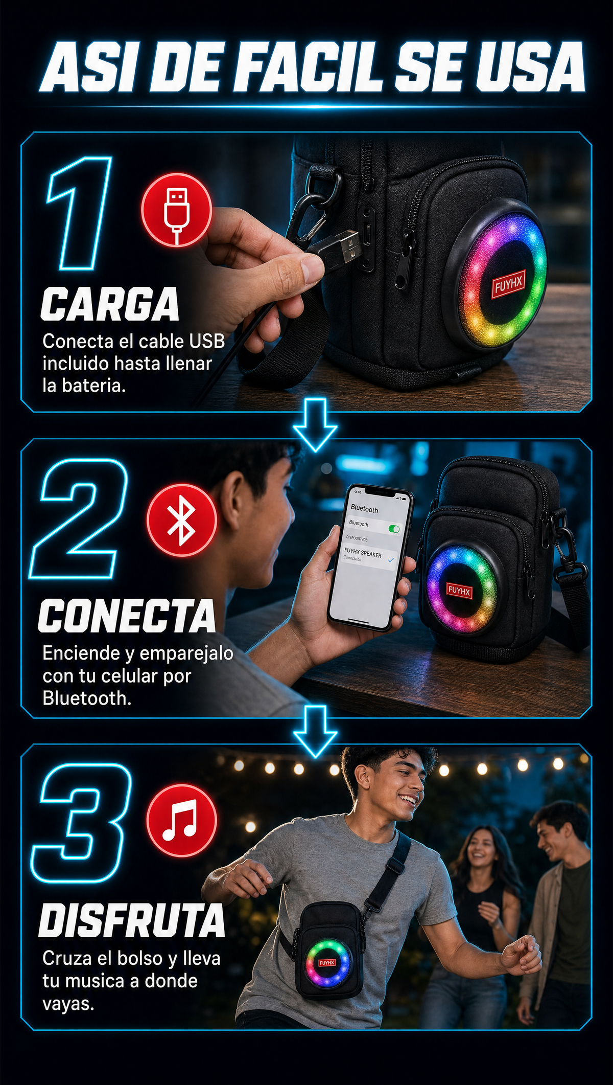 Bolso Parlante Portatil Bluetooth - MODO DE USO